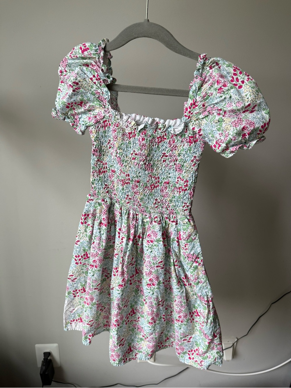 Janie and Jack Pink and Green Floral Smocked Puff-Sleeve Dress